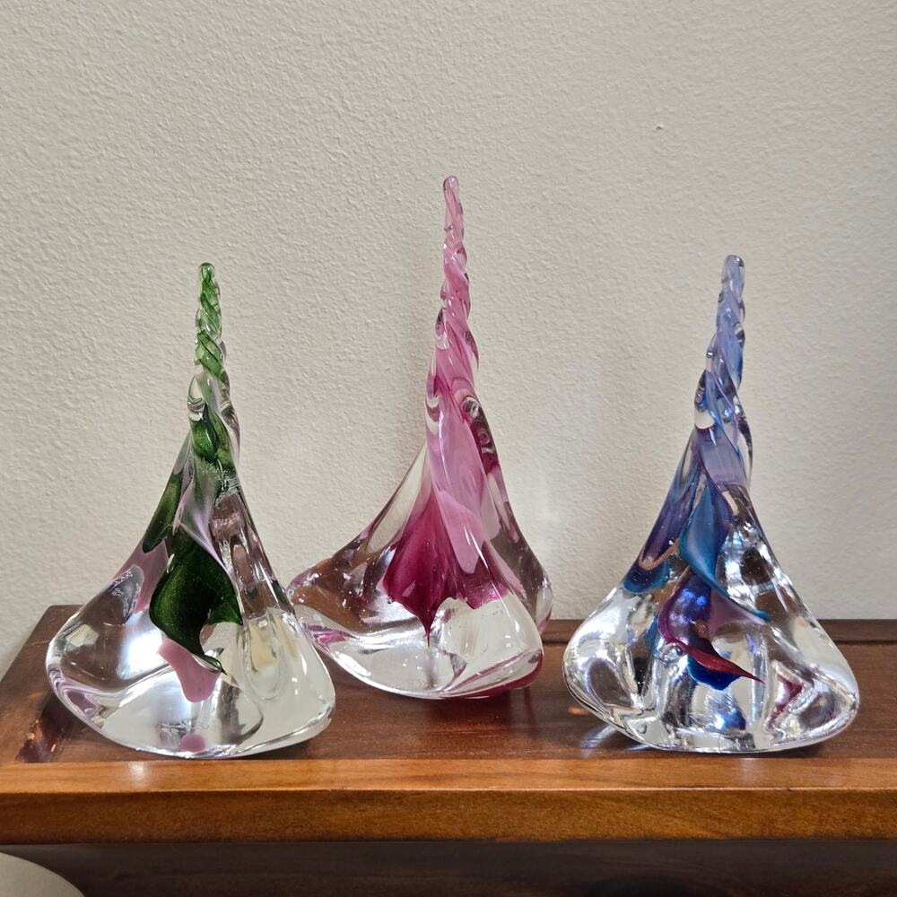 Vintage Fred Wilkerson Flame Swirl Tower Blown Studio Art Glass 1999 Set of 3